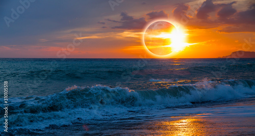 Beauty sunset over the sea - Beautiful landscape with solar eclipse