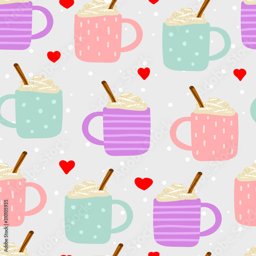 Seamless Cute Scandinavian vector pattern. A pink, blue, violet cups with ornament and hot drinks, cream, cinnamon. Eggnog, coffee, cocoa, on snow background with red hearts. Winter holidays