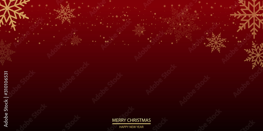 Christmas or Happy New Year card background with falling gold snowflakes on red. Vector Christmas or Happy New Year card background with falling gold snowflakes on red. Vector