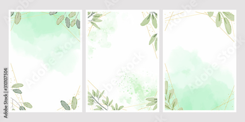 watercolor leafs with golden frame background for wedding invitation card 5x7 2