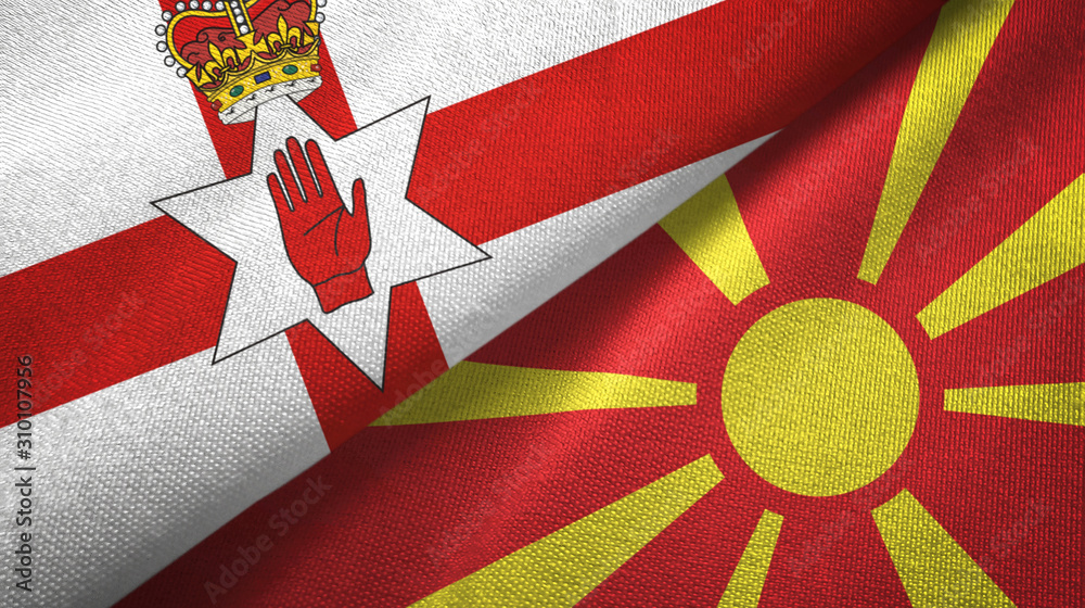 Fototapeta premium Northern Ireland and North Macedonia two flags textile cloth, fabric texture