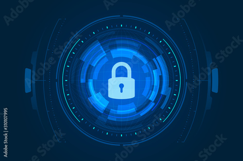 Cyber security illustration, lock icon and HUD on dark blue background.