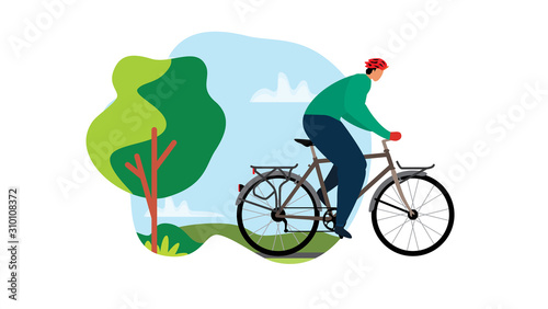 Fototapeta Naklejka Na Ścianę i Meble -  Vector in flat design of people outdoor in the park on weekend. Bike for the city. Bicycle vector illustration.