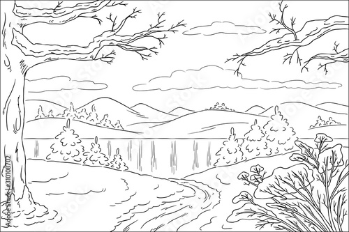 Coloring book winterlandscape. Hand draw vector illustration with separate layers.