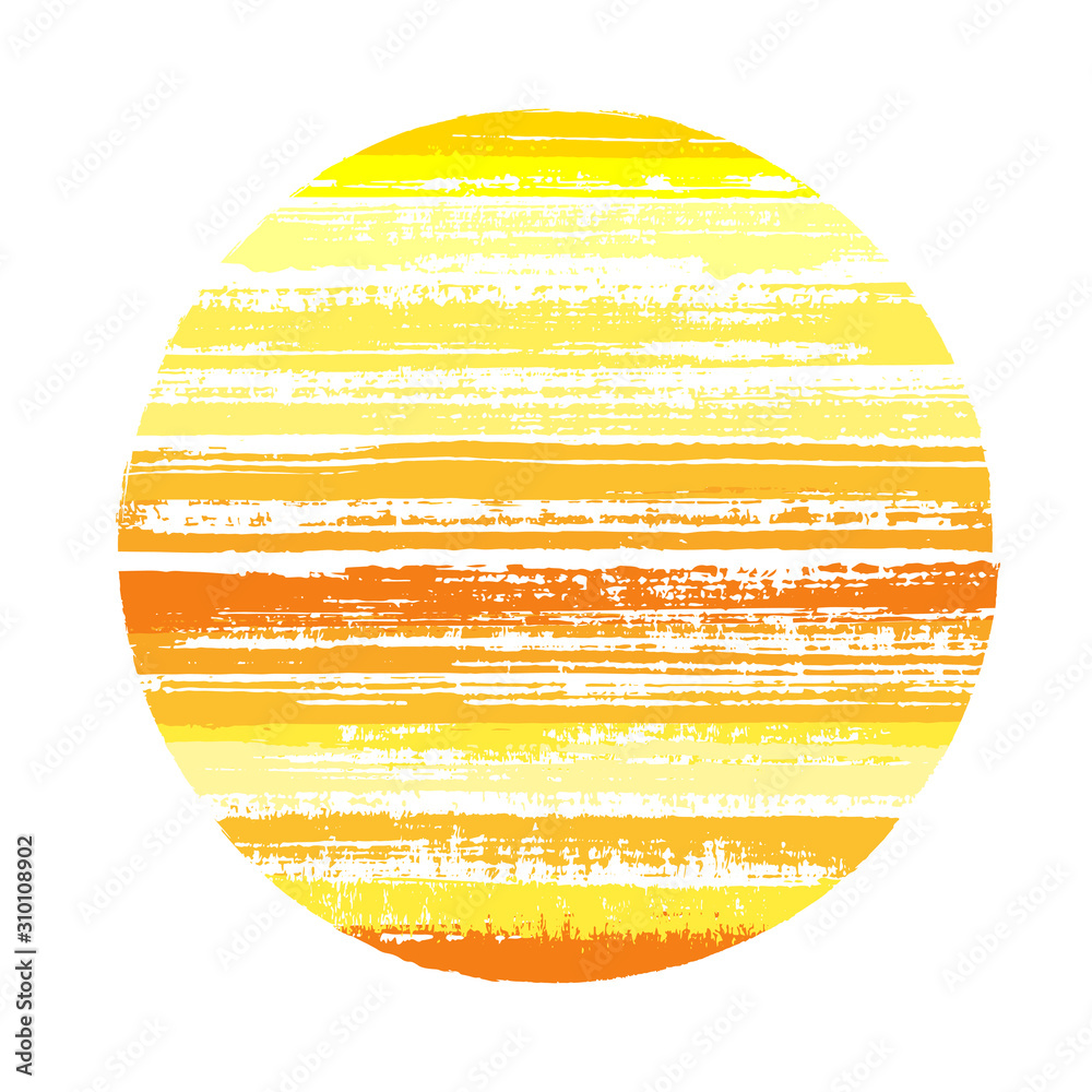 Vintage circle vector geometric shape with striped texture of ink horizontal lines. Planet concept with old paint texture. Label round shape logotype circle with grunge background of stripes.