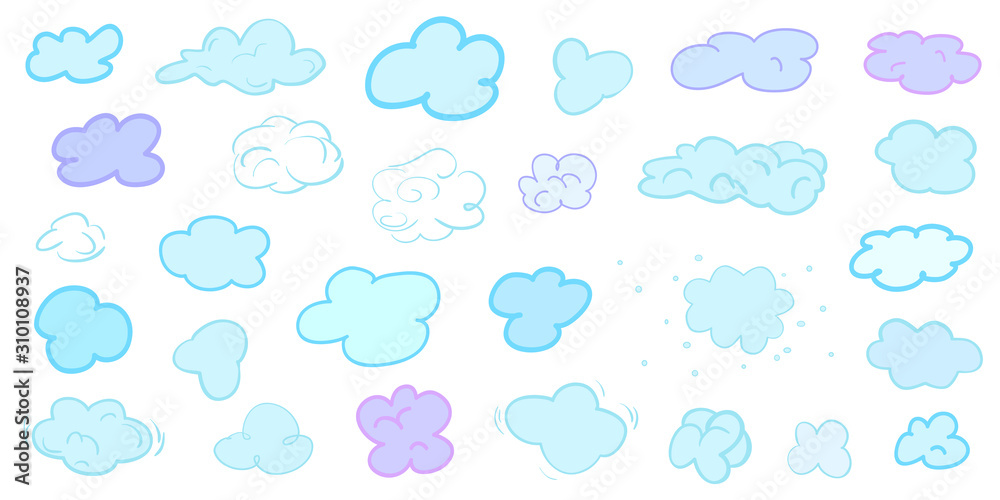 Colorful clouds on isolation background. Doodles on white. Hand drawn infographic elements. Colored illustration. Sketches for your artworks