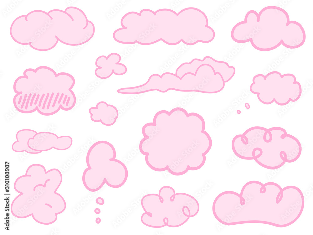 Colorful clouds on isolation background. Doodles on white. Hand drawn infographic elements. Colored illustration. Sketches for artworks