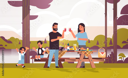 happy parents and children eating hot dogs drinking juice family having picnic weekend concept river bank landscape background flat full length horizontal vector illustration