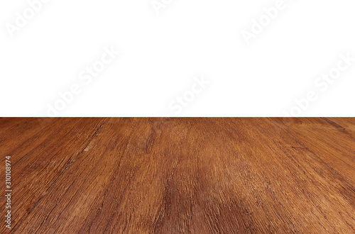 Empty wood floor perspective table top isolate on white background