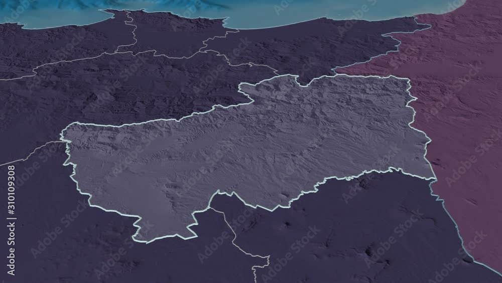 Souk Ahras, province with its capital, zoomed and extruded on the administrative map of Algeria in the conformal Stereographic projection. Animation 3D