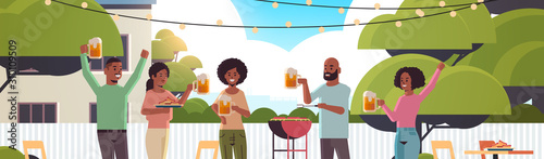 friends preparing hot dogs on grill and drinking beer happy african american men women group having fun backyard picnic barbecue party concept flat portrait horizontal vector illustration