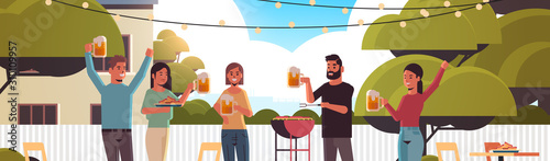 friends preparing hot dogs on grill and drinking beer happy men women group having fun backyard picnic barbecue party concept flat portrait horizontal vector illustration