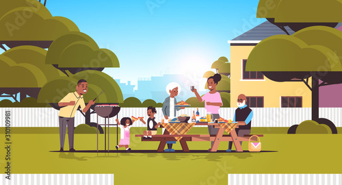 multi generation family preparing hot dogs on grill african american grandparents parents and children having fun backyard picnic barbecue party concept flat full length horizontal vector illustration