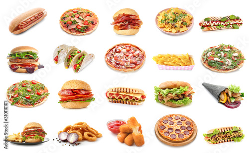 Set of different fast food products on white background