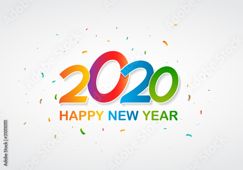 Colorful Happy New Year 2020 lettering on white background with confetti. Decorative modern Happy New Year greeting with handwritten text for wallpaper, background, banner, poster and card