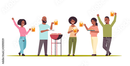 friends preparing hot dogs on grill and drinking beer happy african american men women group having fun picnic barbecue weekend party concept flat full length horizontal vector illustration