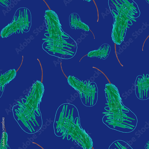 Seamless pattern of green pears on blue background. Children's style.