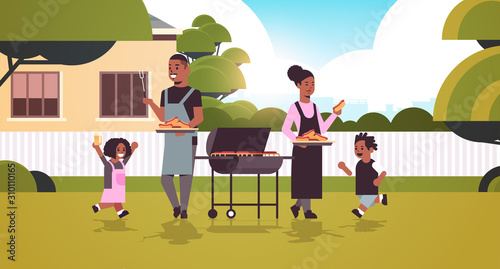 family preparing hot dogs on grill african american parents and children having fun backyard picnic barbecue party concept flat full length horizontal vector illustration