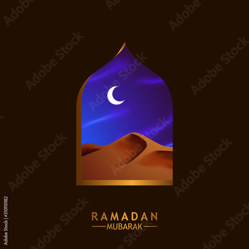 window mosque with middle east dessert scene illustration for ramadan mubarak kareem