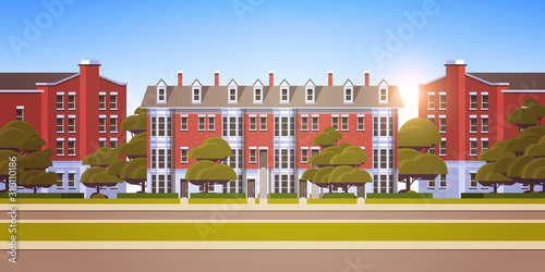 city building houses exterior modern town street sunset cityscape background horizontal flat vector illustration