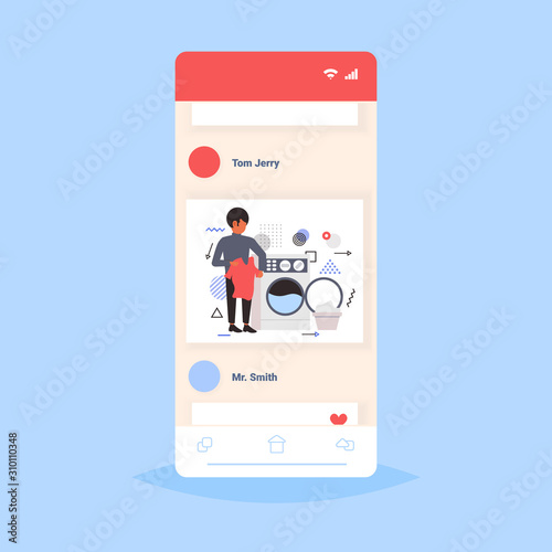 man doing housework guy loading clothes in washing machine cleaning service concept smartphone screen online mobile app full length sketch vector illustration