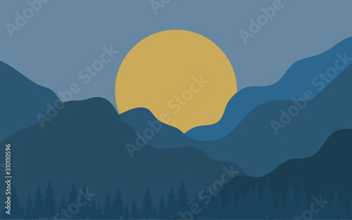 Vector nature landscape background with mountain and grass.