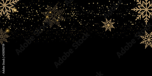 Christmas or Happy New Year card background with falling gold snowflakes on black. Vector