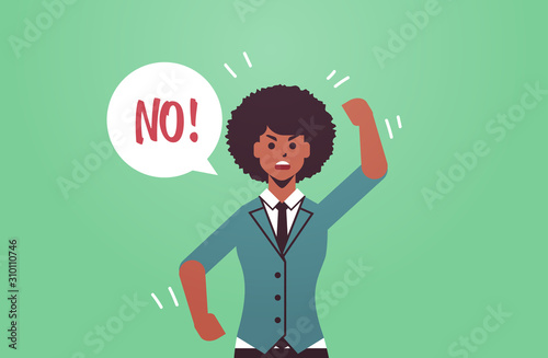 angry unhappy woman saying NO speech balloon with NO scream exclamation negation concept furious screaming african american girl raising hand flat portrait horizontal vector illustration