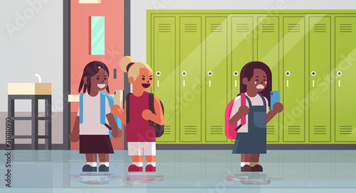 schoolgirl being bullied by text message mix race schoolchildren classmates mocking girl peer violence and bullying concept modern school corridor flat full length horizontal vector illustration