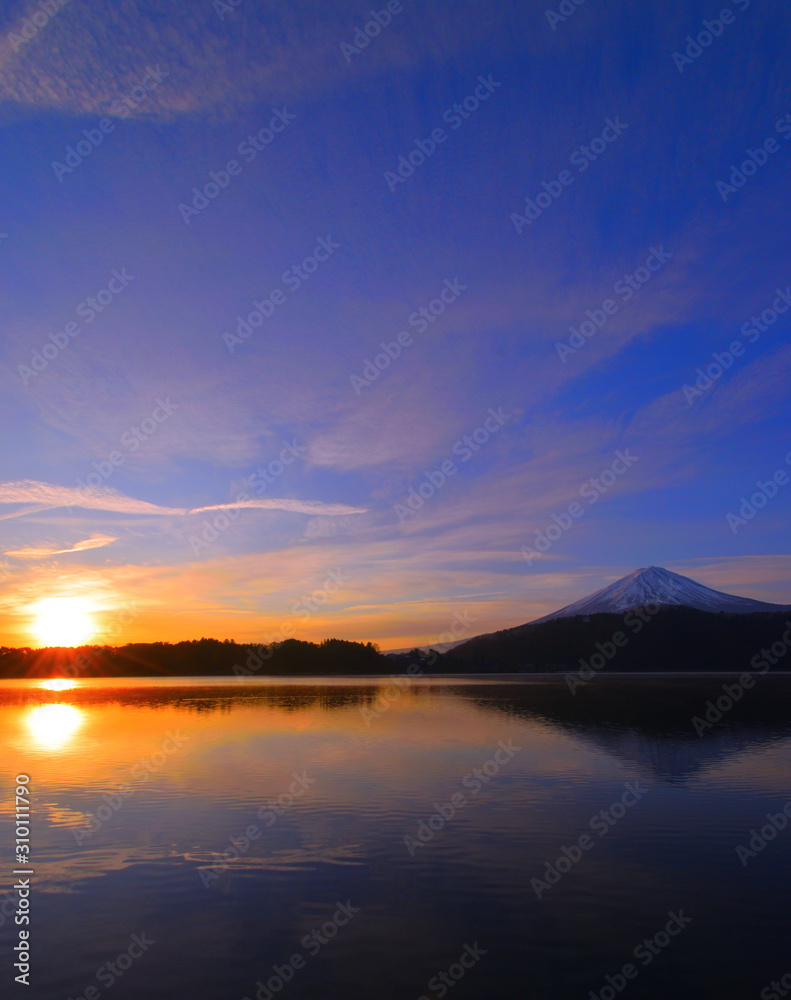 Mount Fuji and sunrise of Morning glow of Lake Kawaguchi Yamanashi Prefecture Japan 12/16/2019