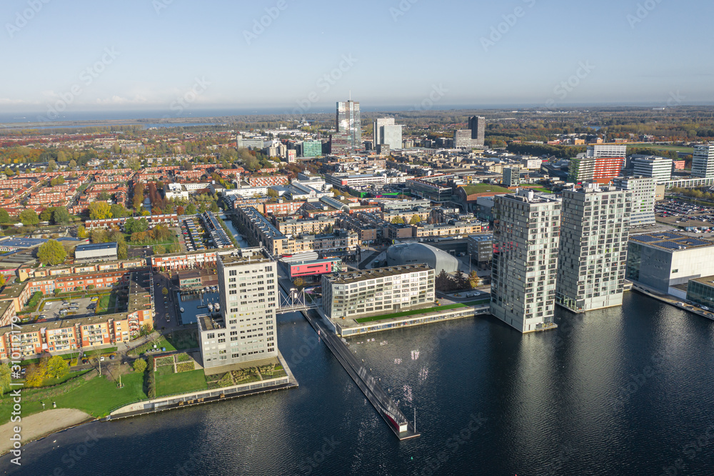 Aerial shot of Almere city center with its unique modern architecture