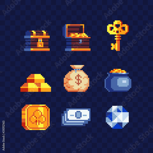 Money symbol, treasure pixel art icons set. Pirate chest, diamond, gold bars, key, banknotes, coin, pot of gold and bag with dollar sign. Design for mobile app, web. Isolated vector illustration. 