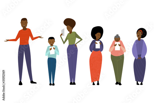 Group of singing people. Afro family of different ages singing. Mom, dad, daughters, son, grandmother stand with the lyrics isolated on a white background.
