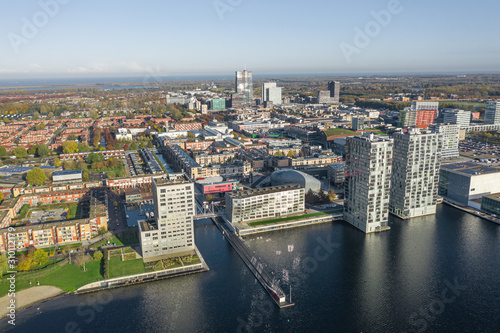 Aerial shot of Almere city center with its unique modern architecture
