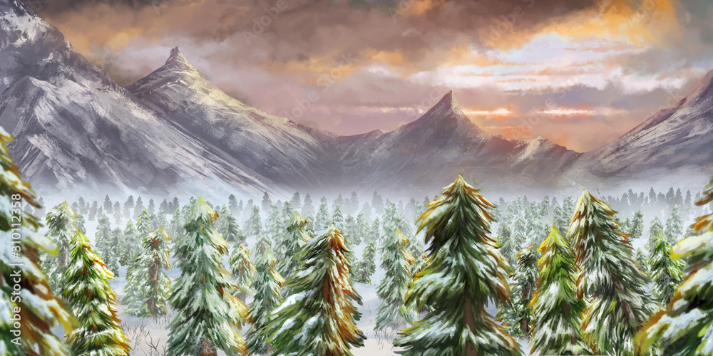 Winter Snow, Mountain, Pine tree Forest. Fantasy Backdrop. Concept Art ...