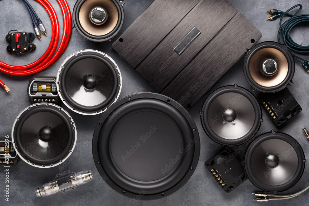 car audio, car speakers, subwoofer and accessories for tuning. - obrazy, fototapety, plakaty 