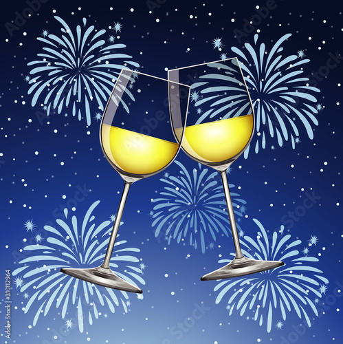 Background with two glasses of champagne and fireworks