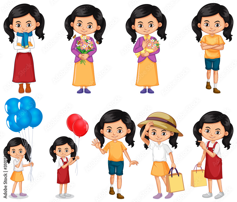 Set of girl doing different activities Set of girl doing different activities