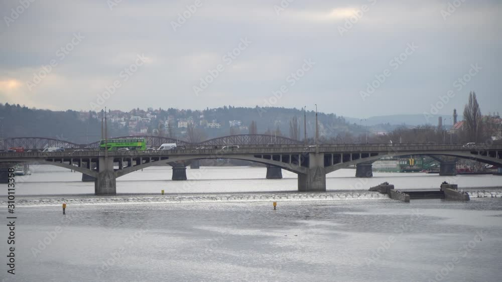View of Prague from the bridge, Prague bridges on moldava with traffic View of Prague from the bridge, Prague bridges on moldava with traffic