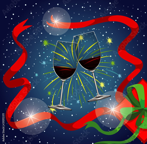 Background with two glasses of champagne and fireworks
