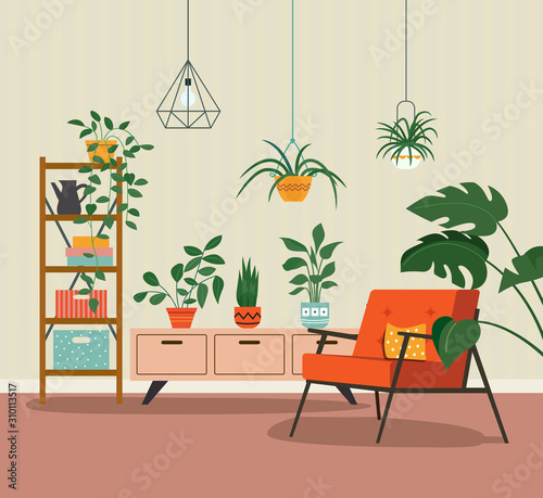 Comfortable chair and house plants. Vector flat illustration