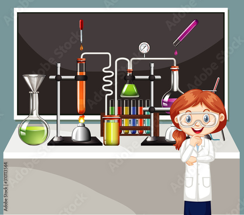 Classroom scene with science student and equipments