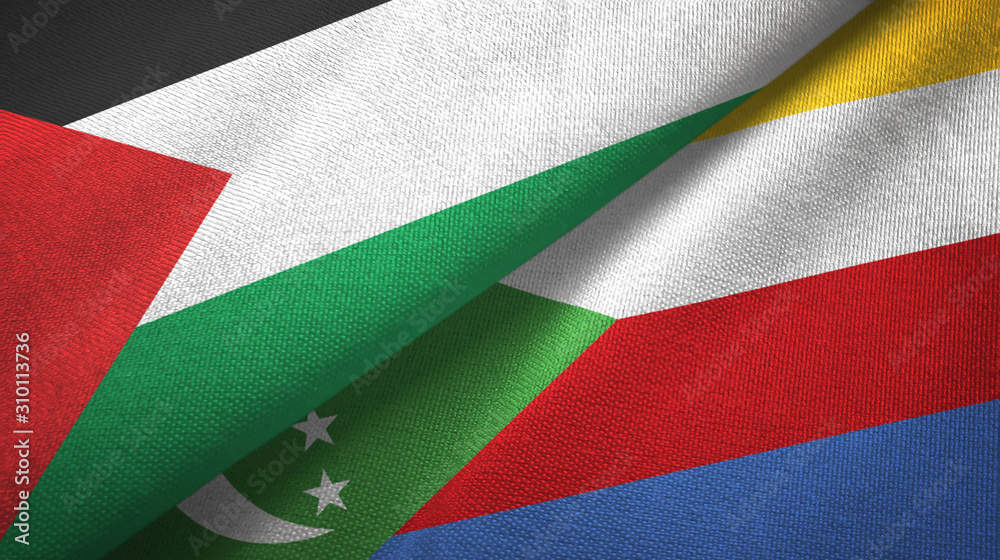 Palestine and Comoros two flags textile cloth, fabric texture Palestine and Comoros two flags textile cloth, fabric texture