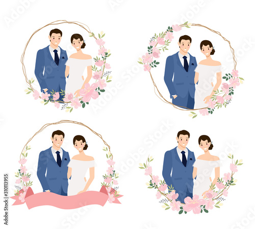 cute young wedding couple in blue suit in cherry blossom wreath flat style collection eps10 vectos illustration