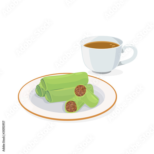 Malaysia traditional snack - kuih ketayap and hot tea or hot coffee.