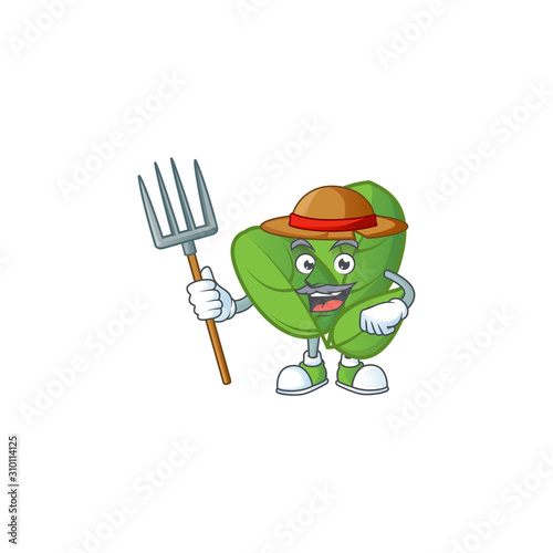 Happy Farmer basil cartoon mascot with hat and tools