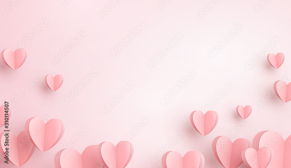 Paper elements in shape of heart flying on pink background. Vector symbols of love for Happy Women's, Mother's, Valentine's Day, birthday greeting card design..
