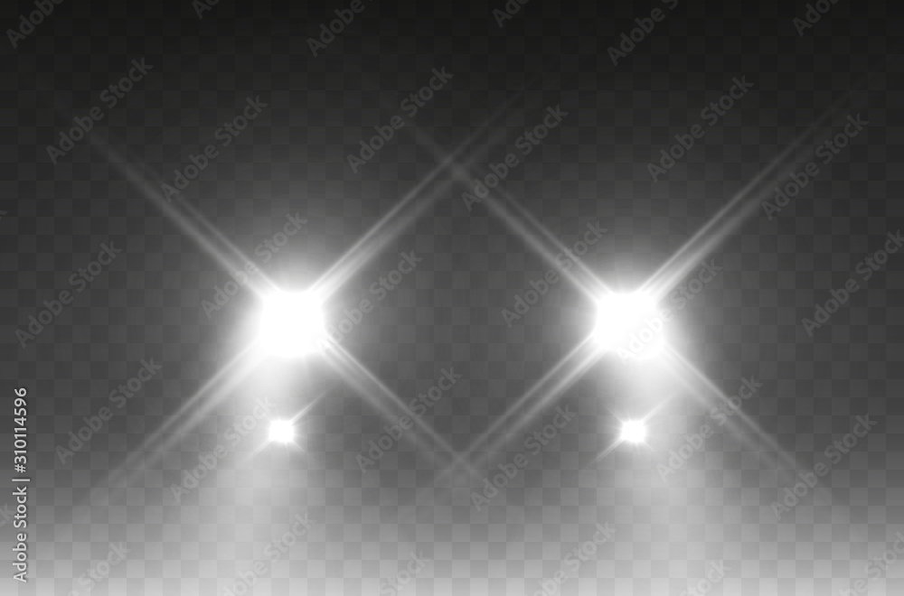Cars headlight effect. Realistic white round flares beams isolated on transparent background. Vector bright train lights.. - obrazy, fototapety, plakaty 