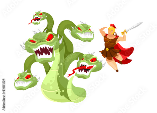Hydra and Hercules flat vector illustration. Hero attacking mythological monster. Greek mythology. Twelve labors of Herakles. Fight with beast isolated cartoon character on white background photo