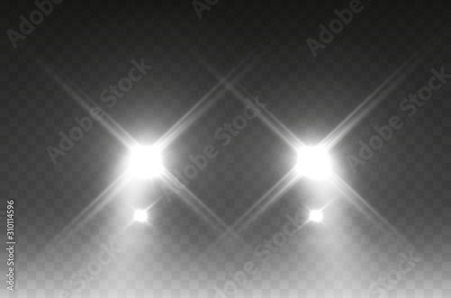 Cars headlight effect. Realistic white round flares beams isolated on transparent background. Vector bright train lights..